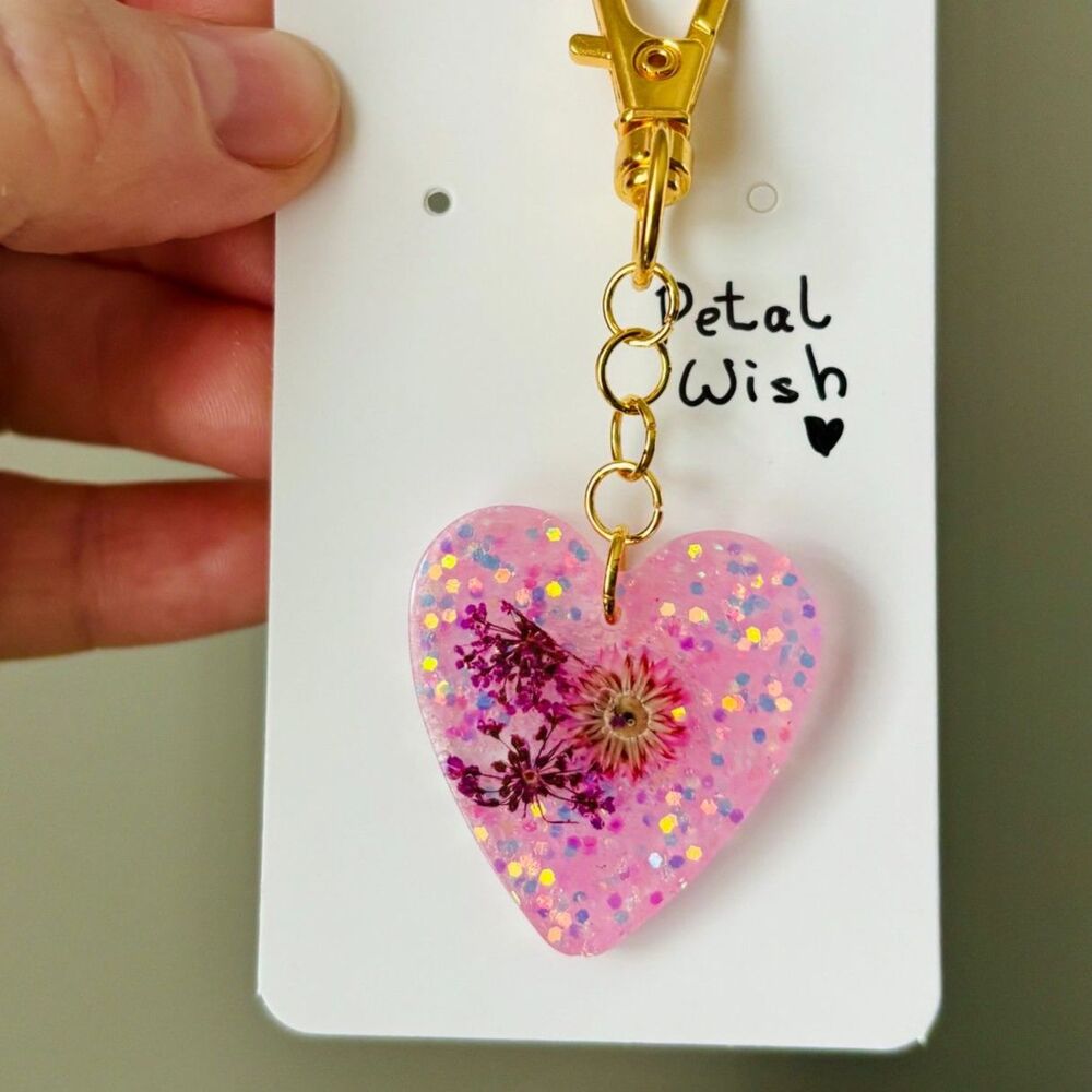 Pink Floral Heart Keychain Bag Charm with Real Flowers Glitter Resin Purse Charm